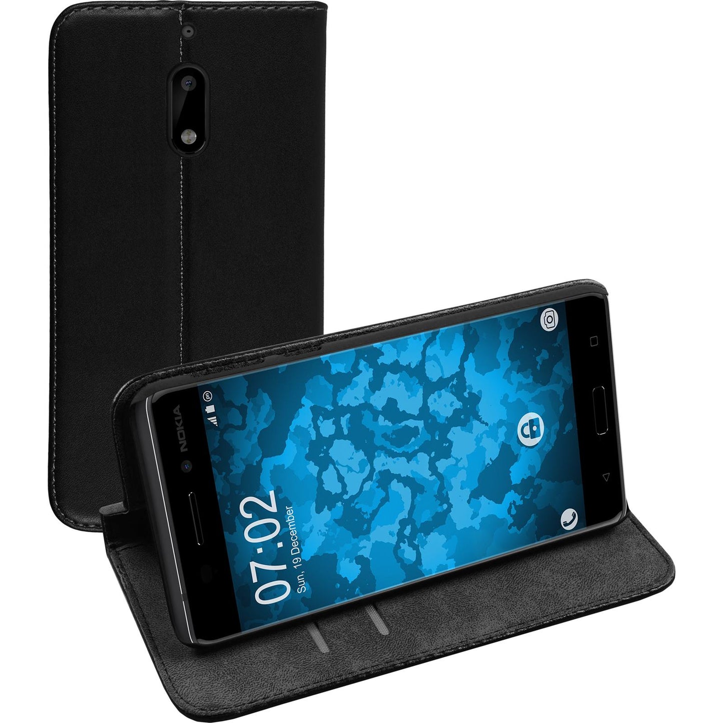 Kunst-Lederhülle für Nokia 6 Book-Case schwarz + 2 Schutzfo