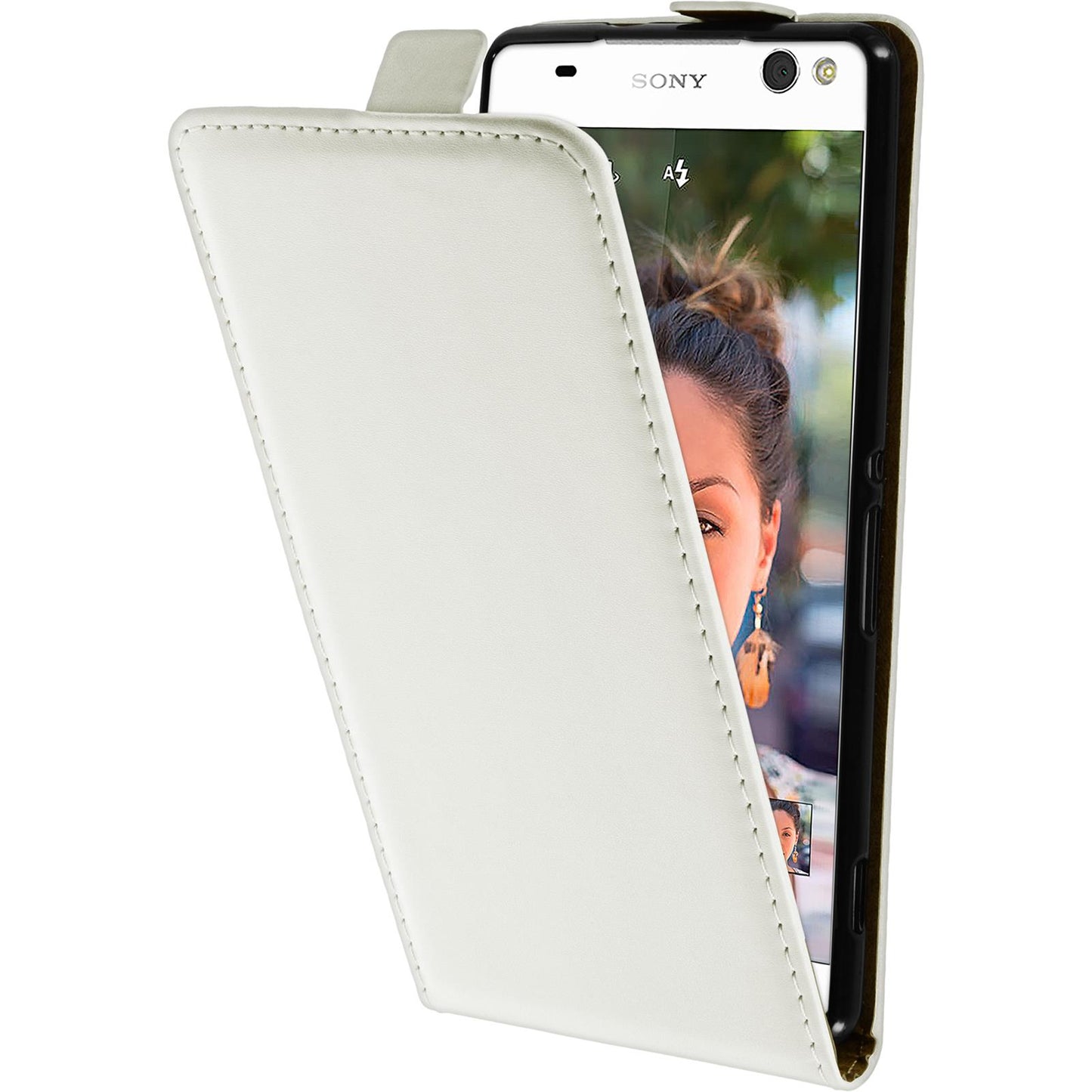 Kunst-Lederhülle für Sony Xperia C5 Ultra Flip-Case weifl + 2