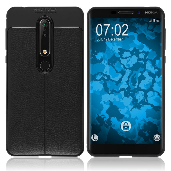 PhoneNatic Case kompatibel mit  Nokia 6.1 (2018) - schwarz Silikon Hülle Lederoptik Cover