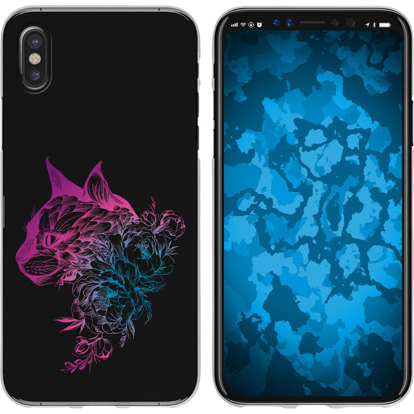 iPhone X / XS Silikon-Hülle Floral Katze M2-6 Case