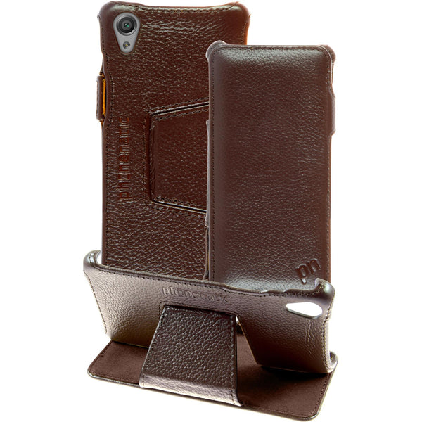 Echt-Lederhülle für Sony Xperia X Leder-Case braun + Glasfol