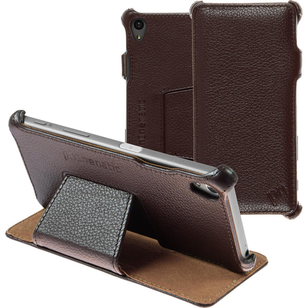 Echt-Lederhülle für Sony Xperia Z5 Leder-Case braun + Glasfo