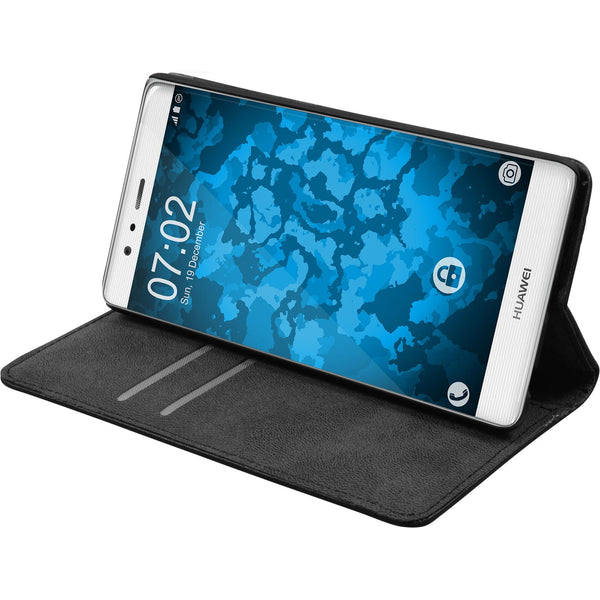 Kunst-Lederhülle für Huawei P9 Book-Case schwarz + 2 Schutzf