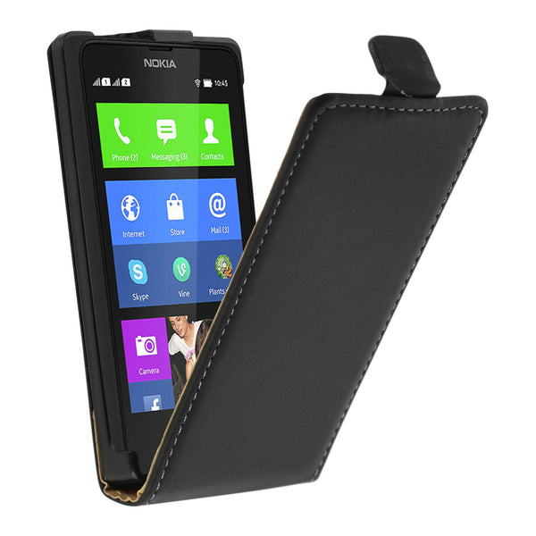 Kunst-Lederhülle für  Nokia X / X+ Flip-Case schwarz + 2 Sch