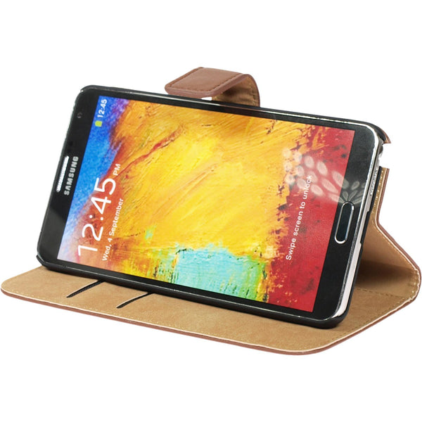 Kunst-Lederhülle für Samsung Galaxy Note 3 Wallet braun + 2