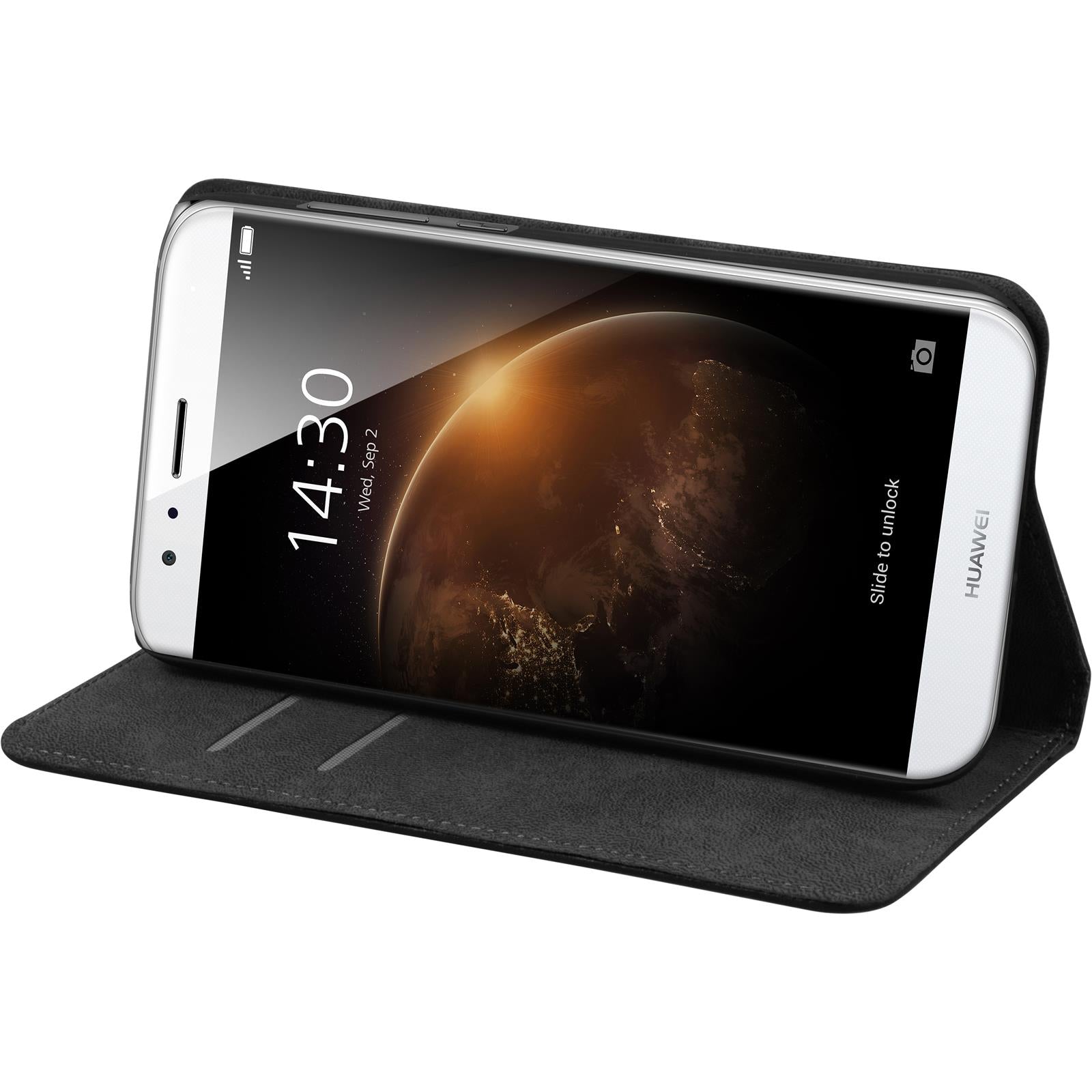 Kunst-Lederhülle für Huawei G8 Book-Case schwarz + 2 Schutzf