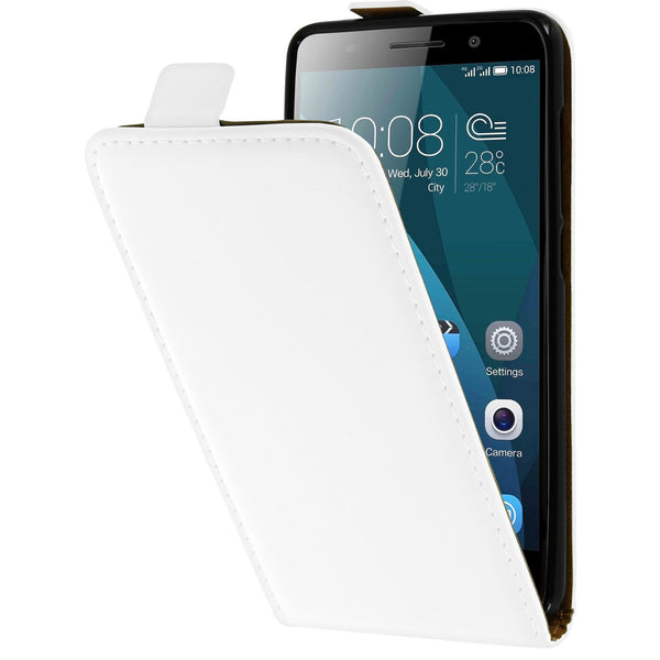 Kunst-Lederhülle für Huawei Honor 4x Flip-Case weiﬂ + 2 Schu