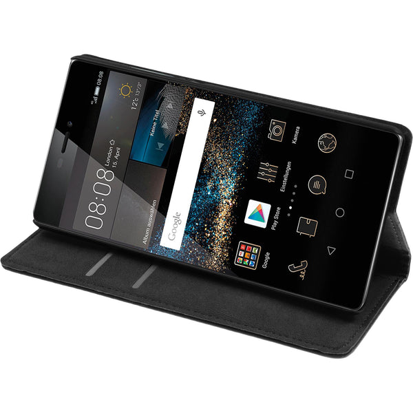 Kunst-Lederhülle für Huawei P8 Book-Case schwarz + 2 Schutzf