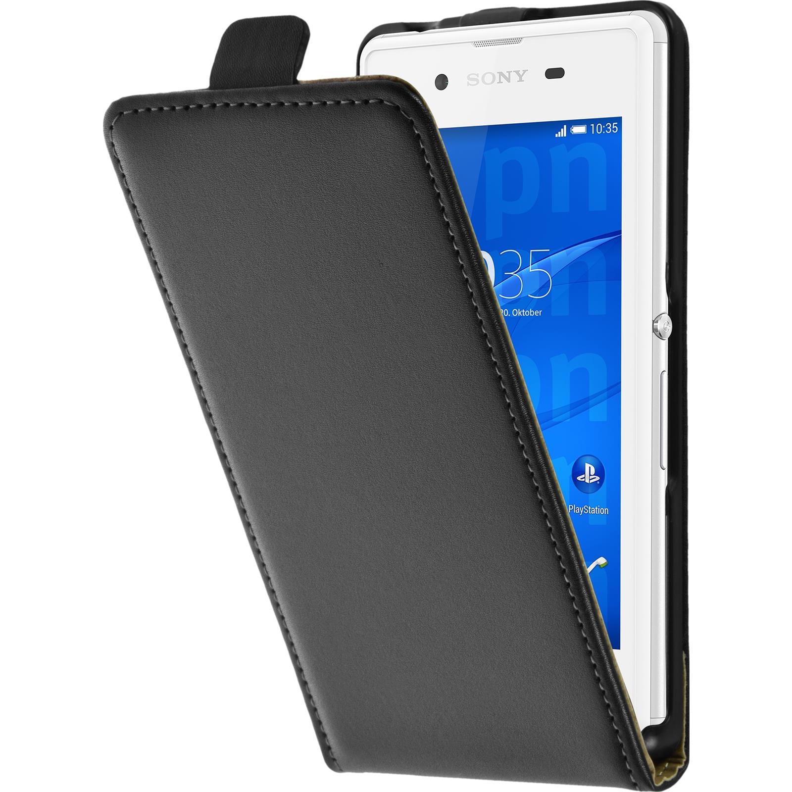 Kunst-Lederhülle für Sony Xperia E3 Flip-Case schwarz + 2 Sc