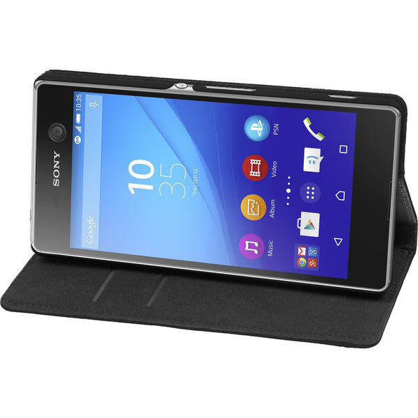 Kunst-Lederhülle für Sony Xperia M5 Book-Case schwarz + 2 Sc