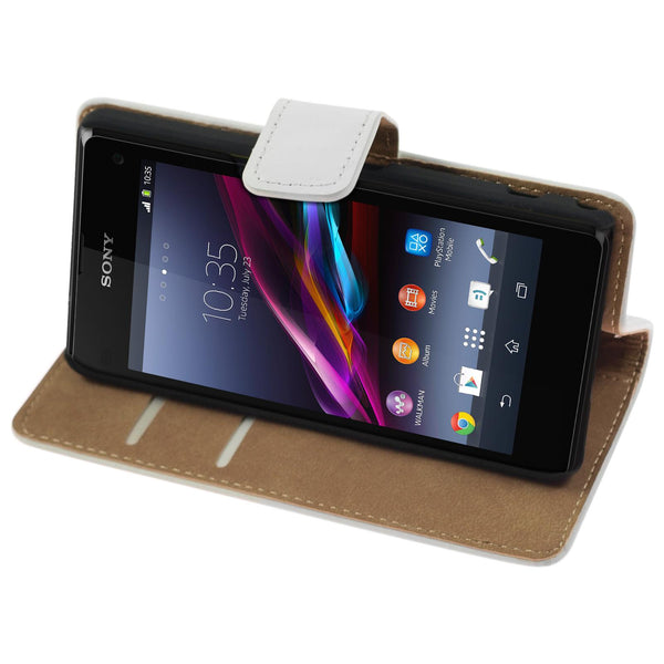 Kunst-Lederhülle für Sony Xperia Z1 Compact Wallet weiß + 2