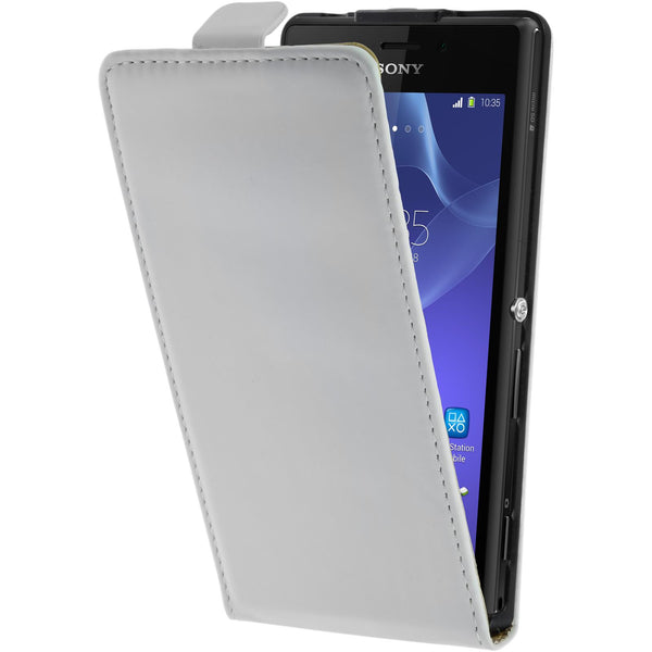 Kunst-Lederhülle für Sony Xperia M2 Flip-Case weiﬂ + 2 Schut