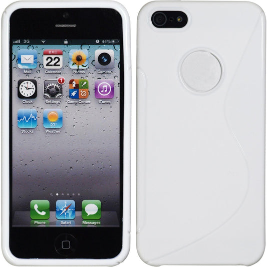 PhoneNatic Case kompatibel mit Apple iPhone 5 / 5s / SE - weiß Silikon Hülle S-Style Logo + 2 Schutzfolien