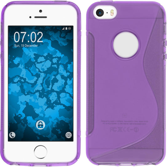 PhoneNatic Case kompatibel mit Apple iPhone SE 2016 (1.Gen) - lila Silikon Hülle S-Style Logo + 2 Schutzfolien