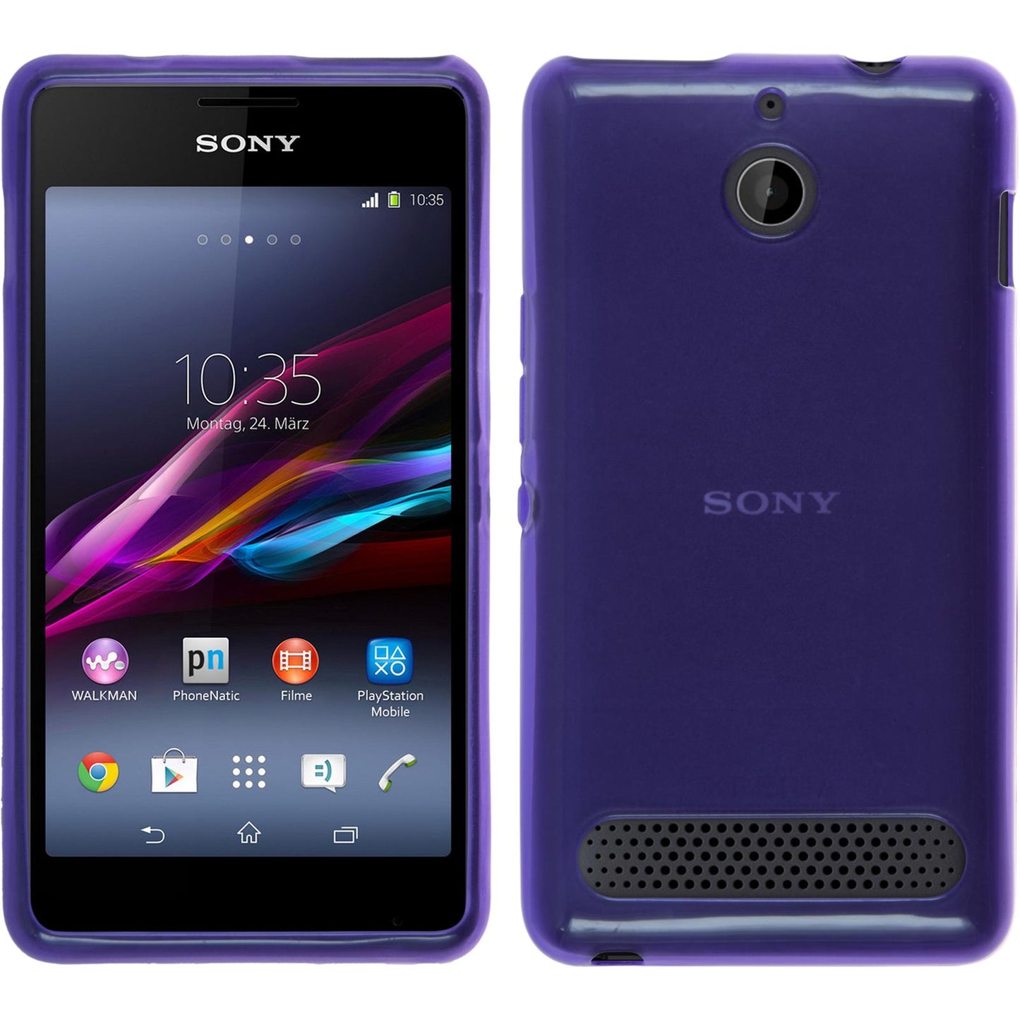 PhoneNatic Case kompatibel mit Sony Xperia E1 - lila Silikon Hülle transparent + 2 Schutzfolien